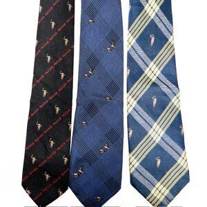 3 Neckties Polo Club+Other 100% Silk Gray Black  Check Striped  Polo Horses (68)